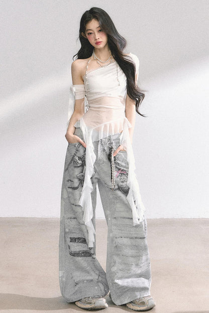 Sheer Mesh Off Shoulder T-Shirt