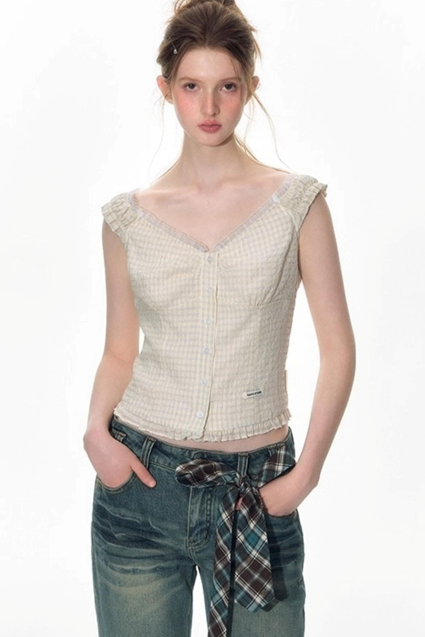 Checked Sleeveless One-Shoulder Shirt Set-Up