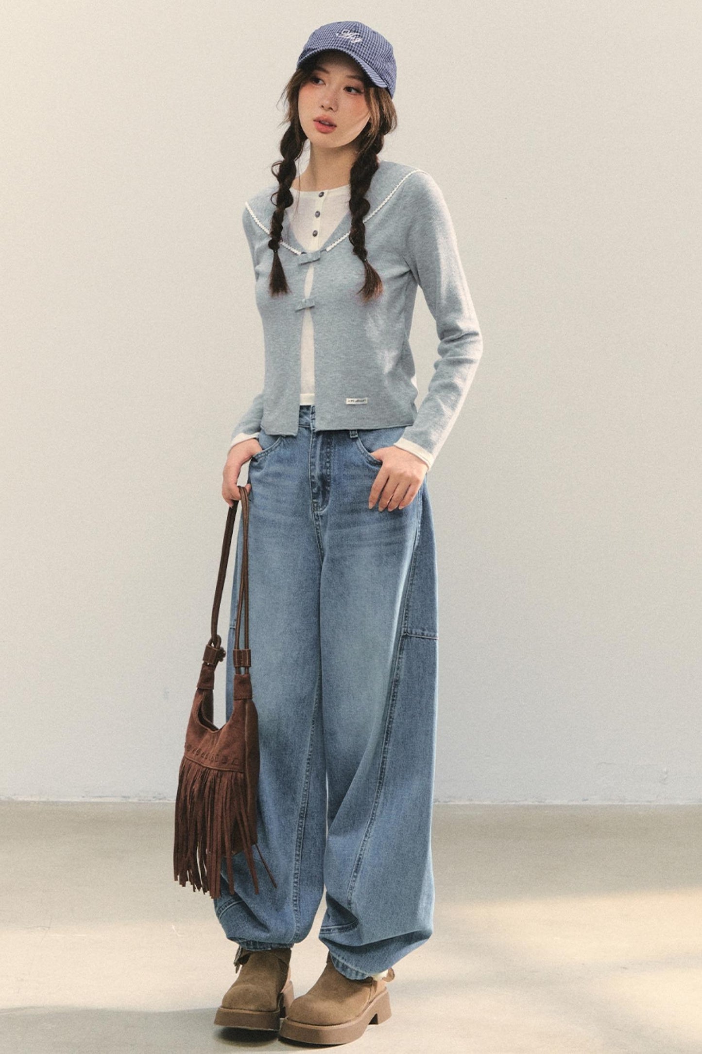 Sweet Navy Neck Knit Cardigan