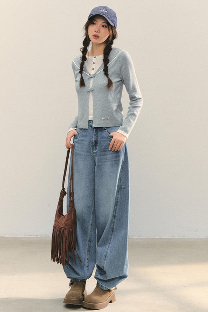 Sweet Navy Neck Knit Cardigan