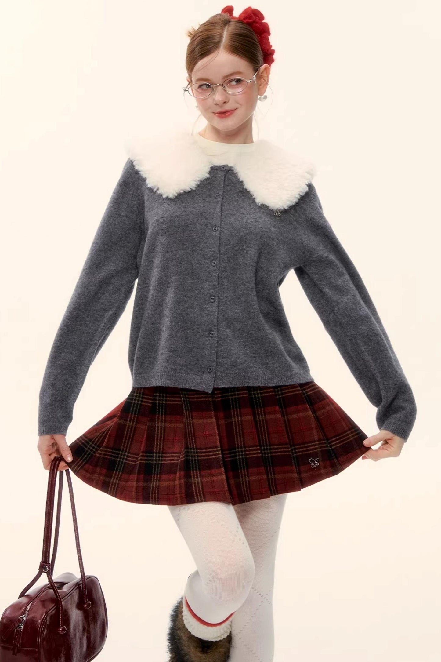 Wool Detachable Fur Collar Cardigan