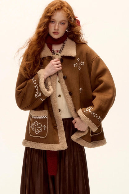 Embroidered Shearling Wool Jacket Set-Up