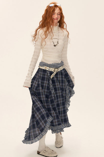 High-Neck Knitted Striped Slimming Shirt