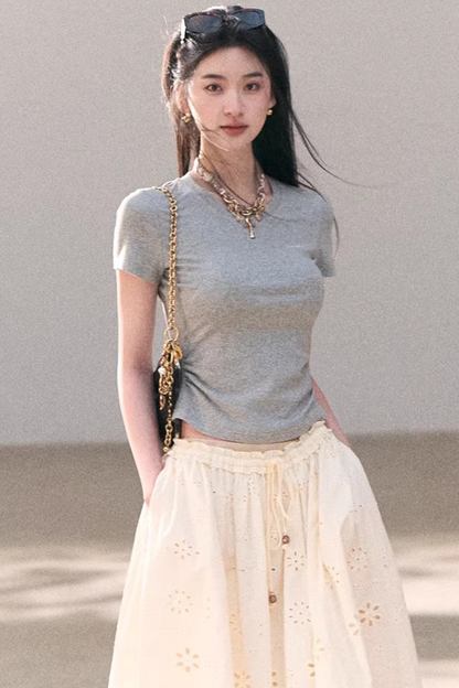 Contrast Embroidered Ruched Top