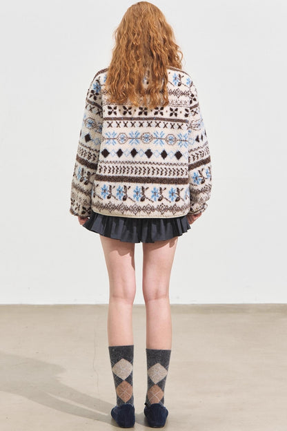 Fleece Jacquard Stand-Up Collar Coat