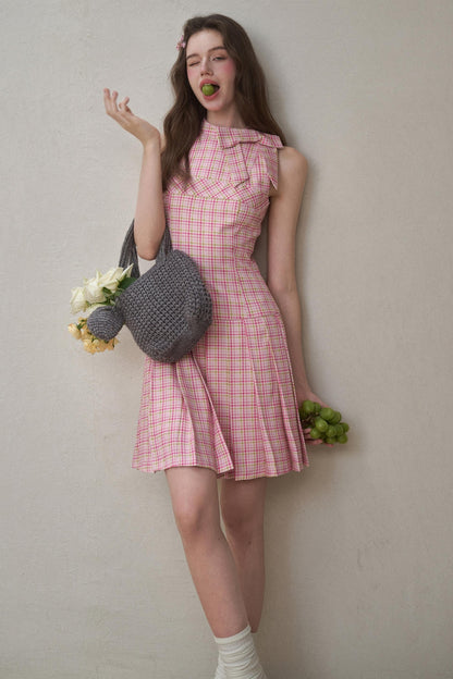 Bow Halterneck Plaid Dress