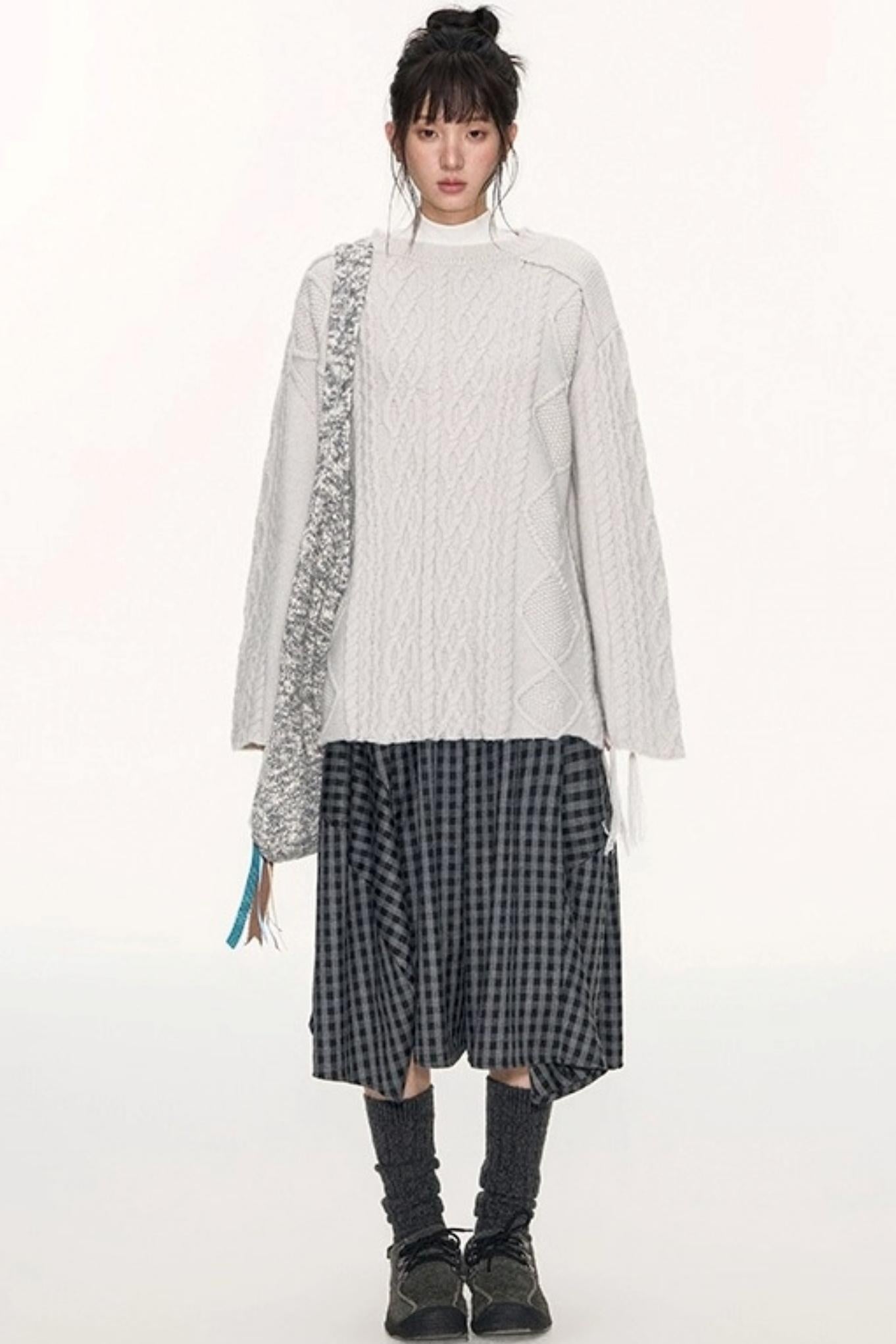 Crew Neck Crochet Cable Knit Sweater