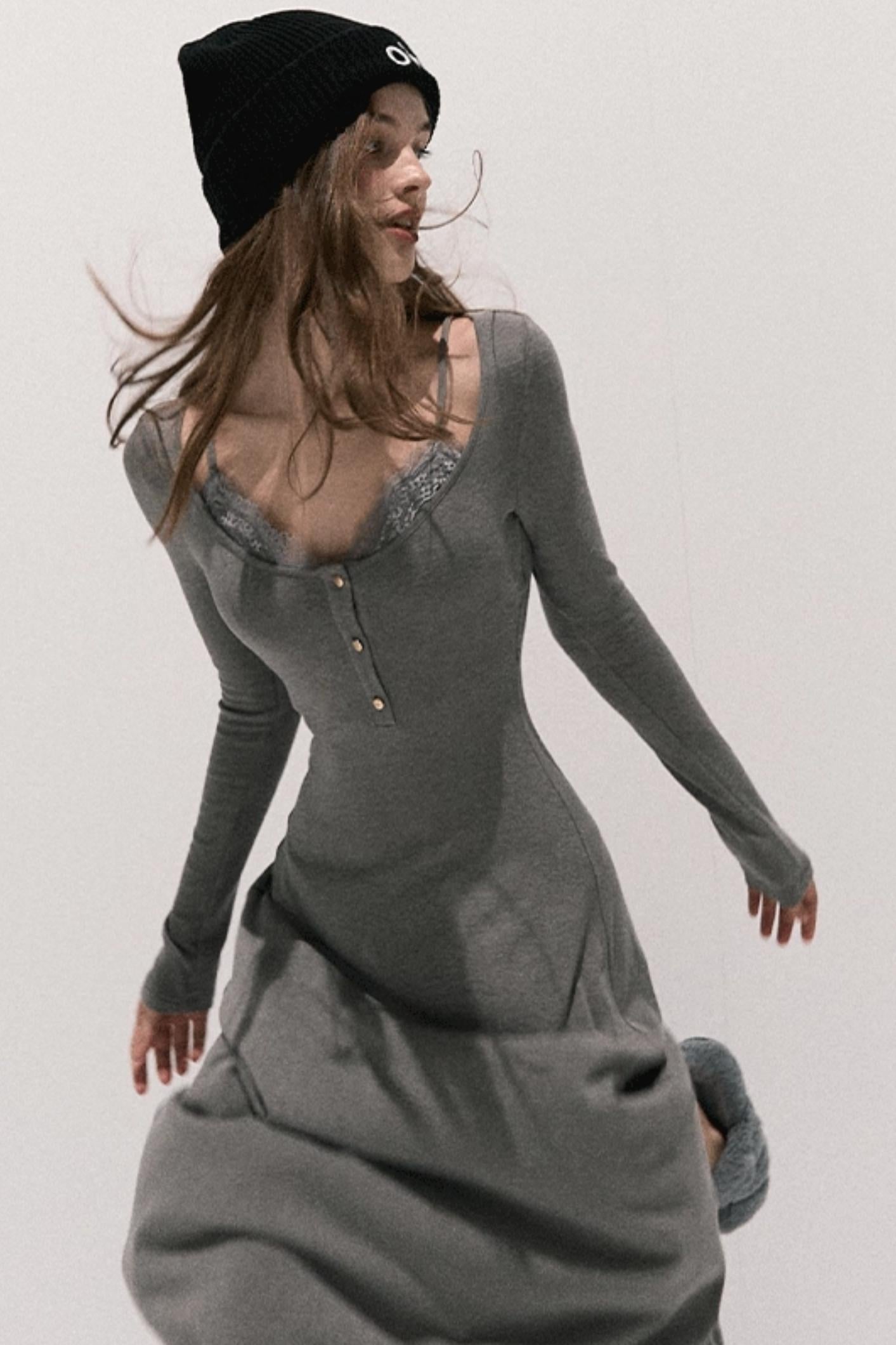 Lace Stitched Knit Waist Dress