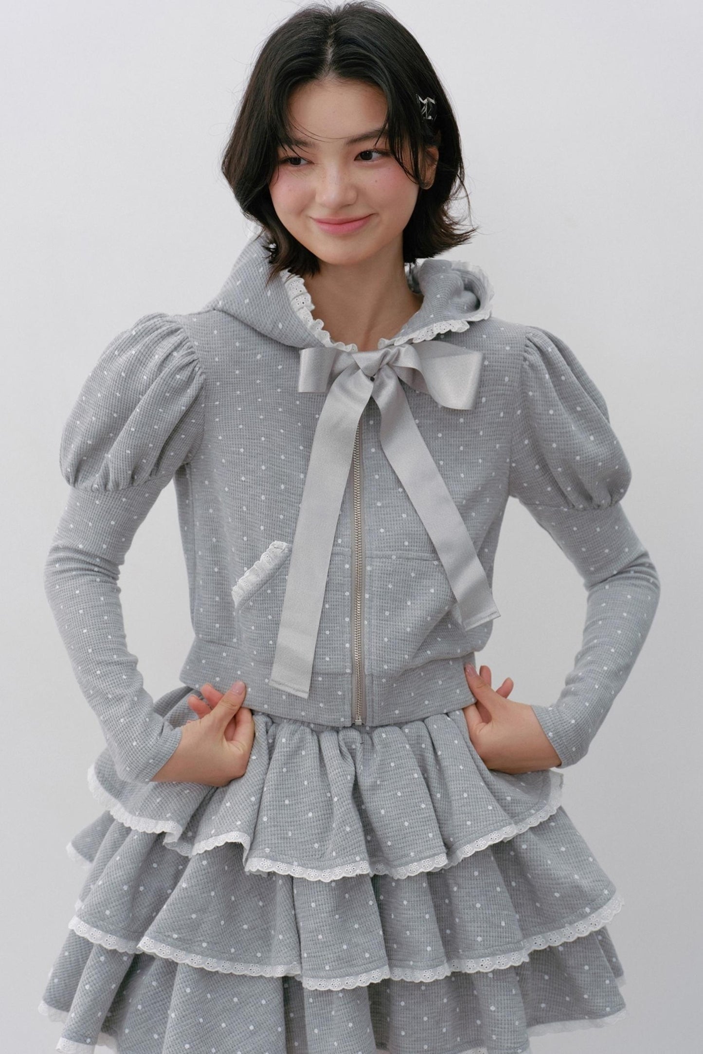 Hooded Polka Dot Tracksuit Skirt Set-Up