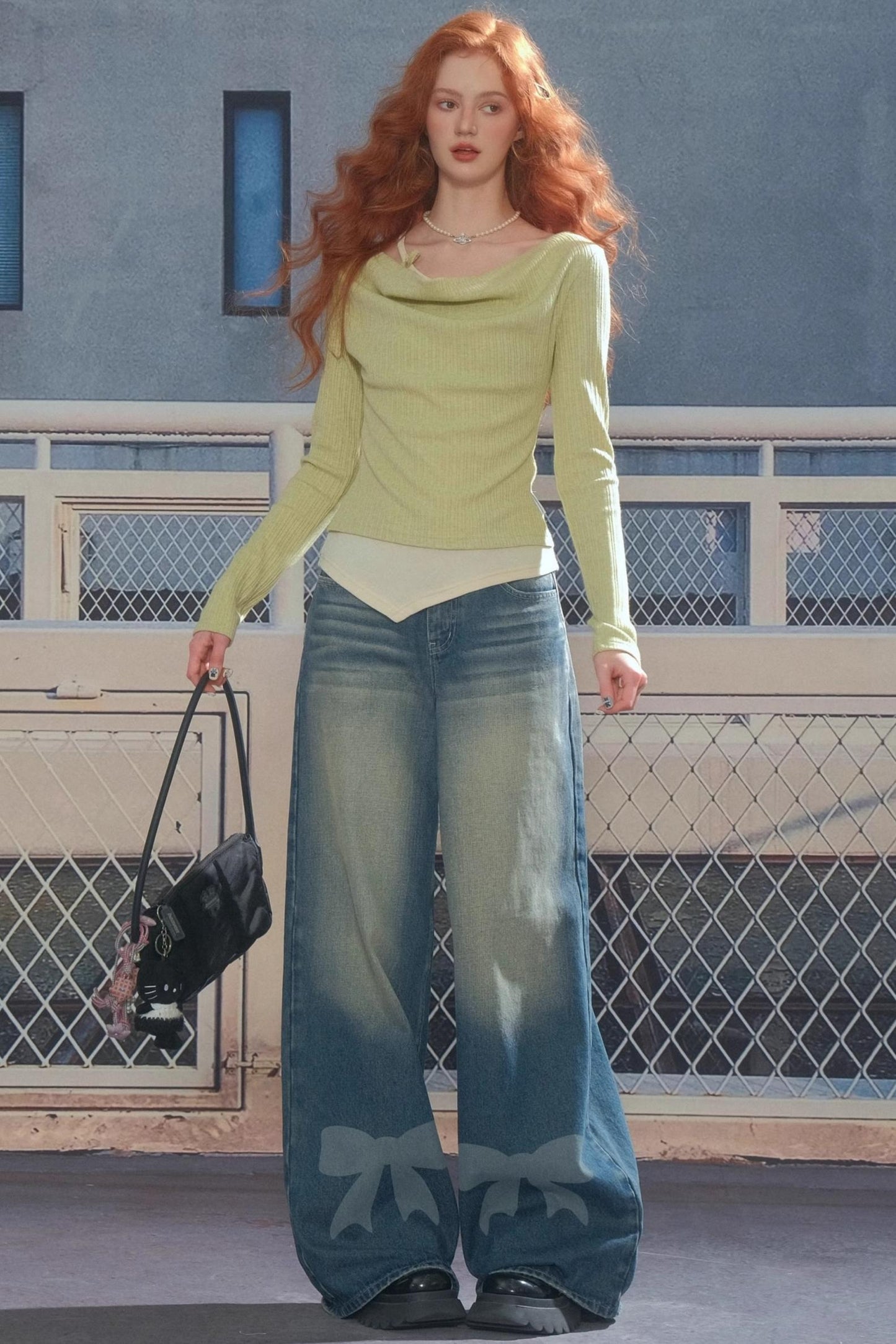 Retro Bow Design High-Waisted Denim Pants