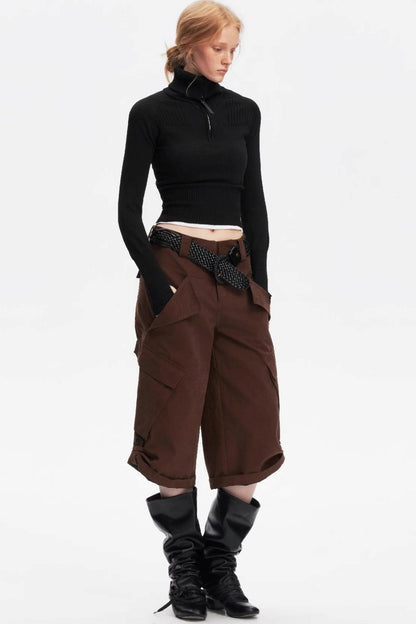 Half-Turtleneck Zip-Up Knitted Design Top