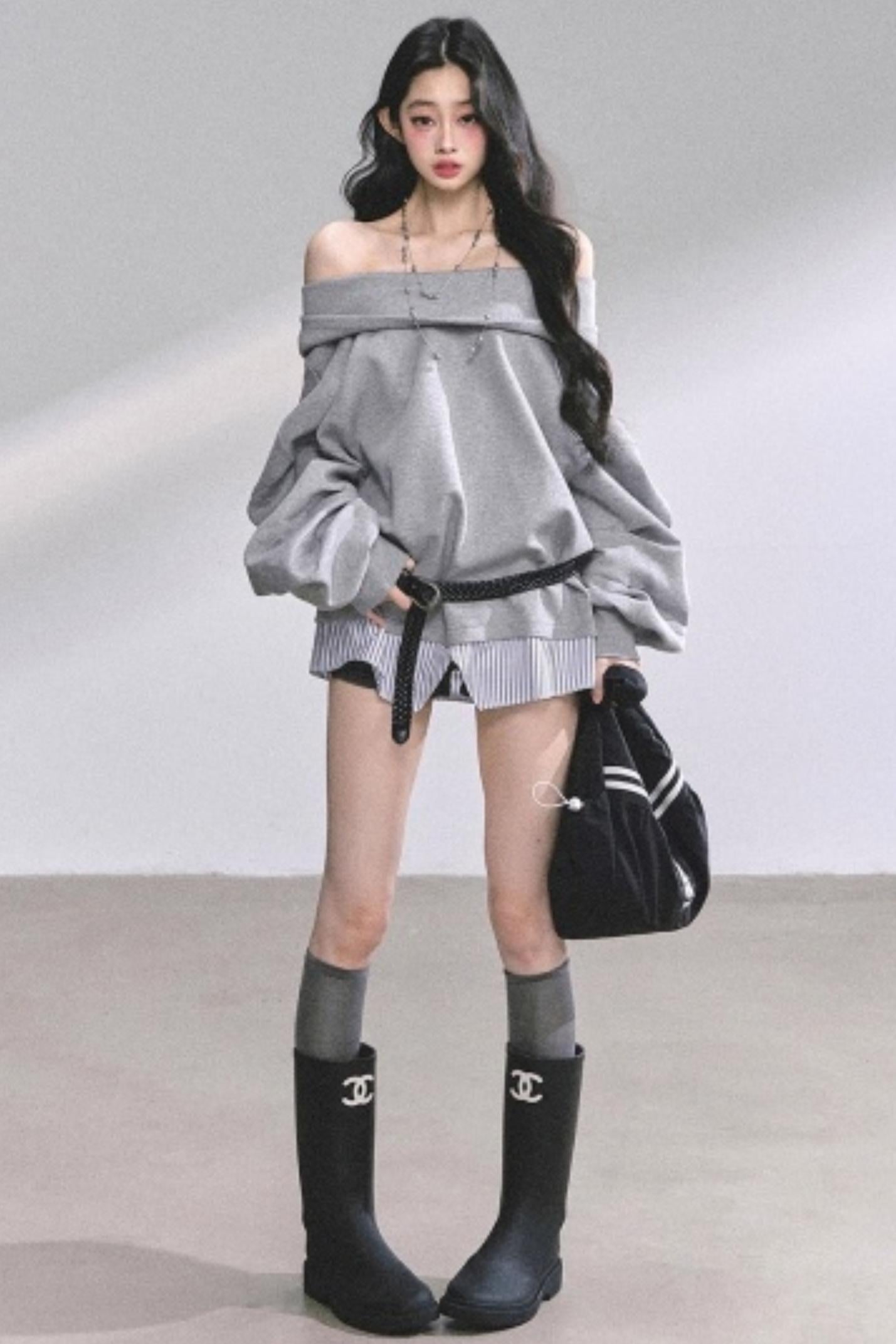 One Shoulder Grayscale Sweatshirt Dress