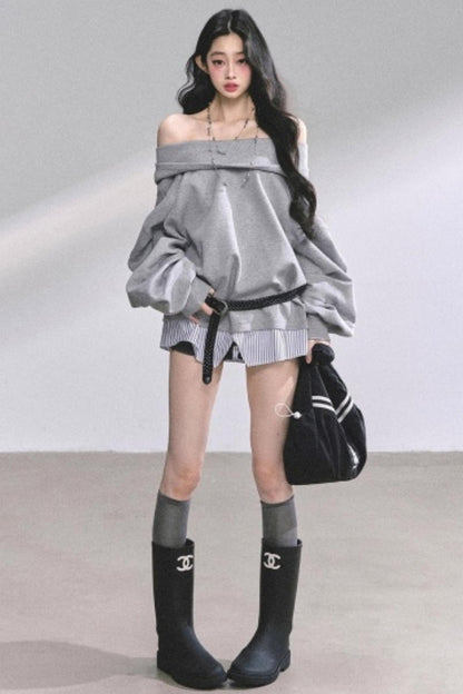 One Shoulder Grayscale Sweatshirt Dress