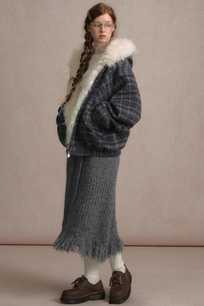 Elk Fur Collar Plaid Woolen Jacket