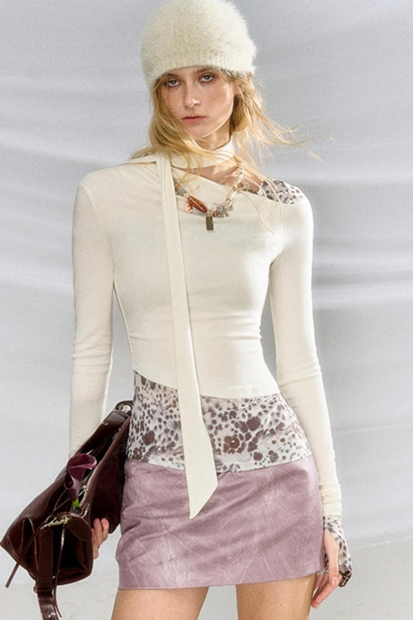 프린트 경사진 어깨 울 니트 탑 