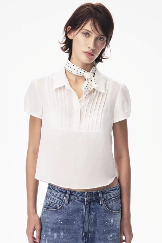 라마 혼방 플리츠 퍼프 블라우스