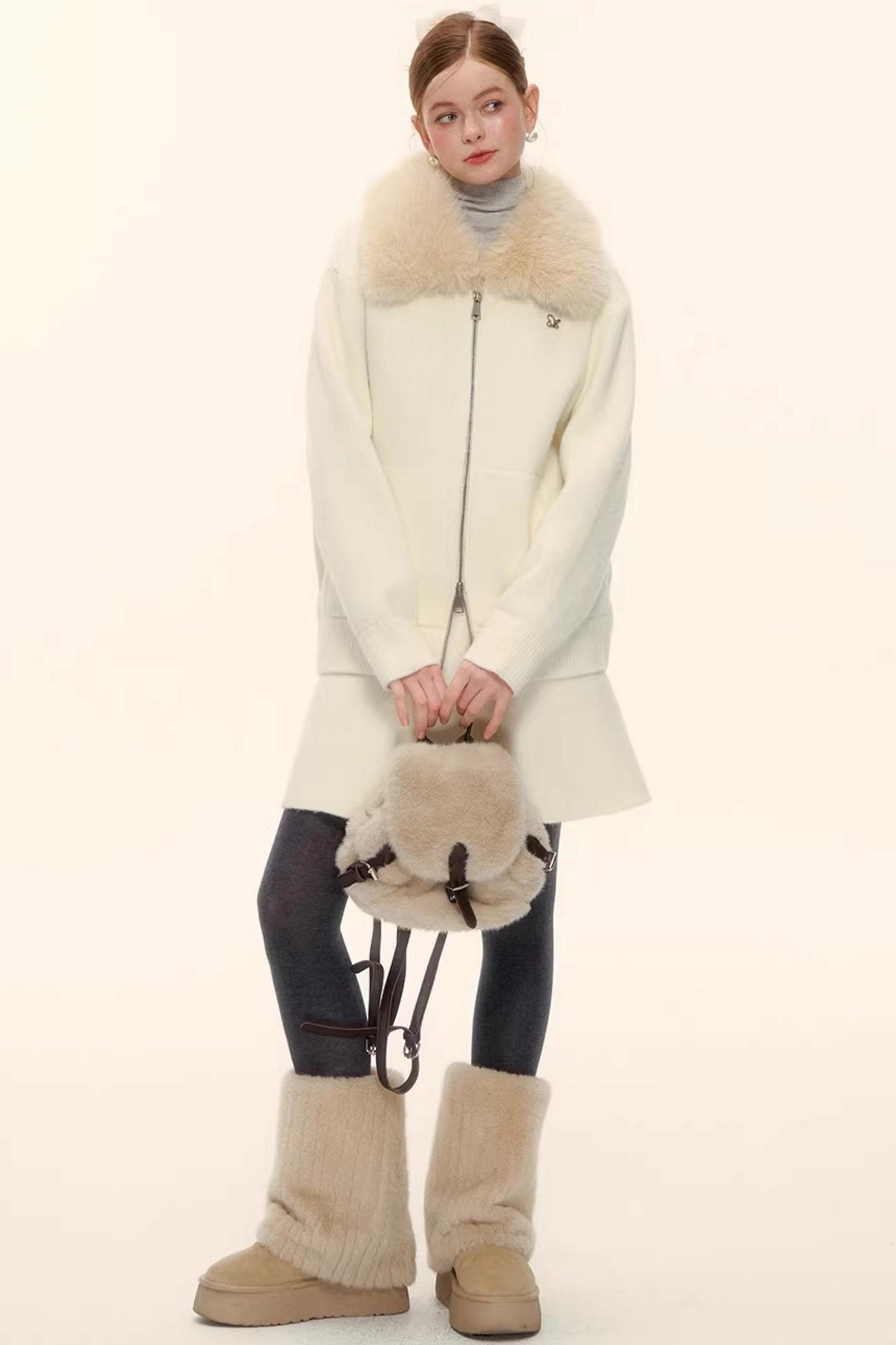 Wool Blend Lapel Fur Collar Coat Set-Up