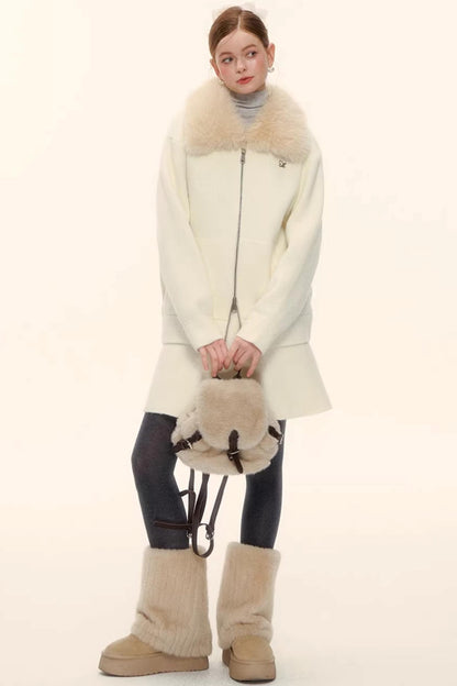 Wool Blend Lapel Fur Collar Coat Set-Up