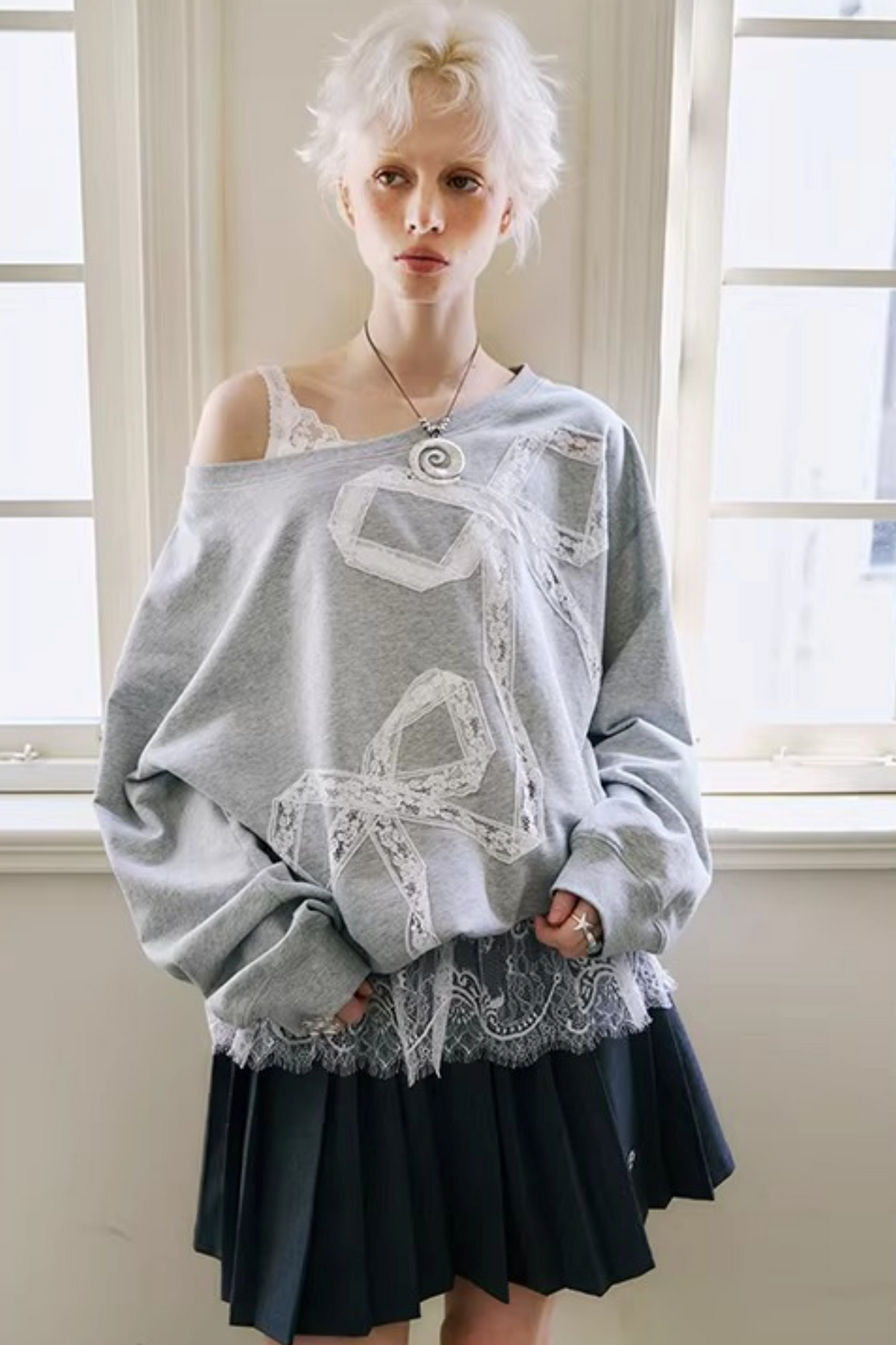 Lace-Up Turn-Down Collar Sweater Matching Set