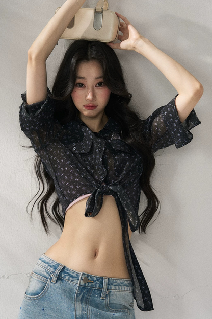 Bow Floral Slim Blouse