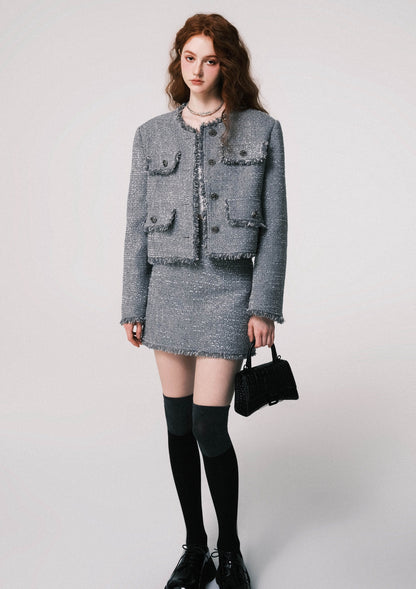 Tweed coat high waist skirt set