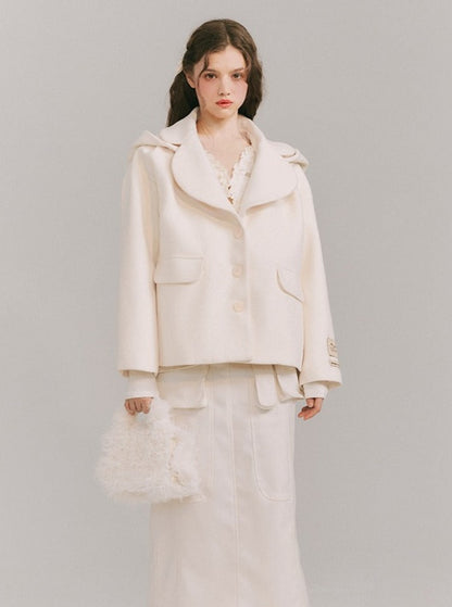 Detachable Big Hat Woolen Blazer Jacket