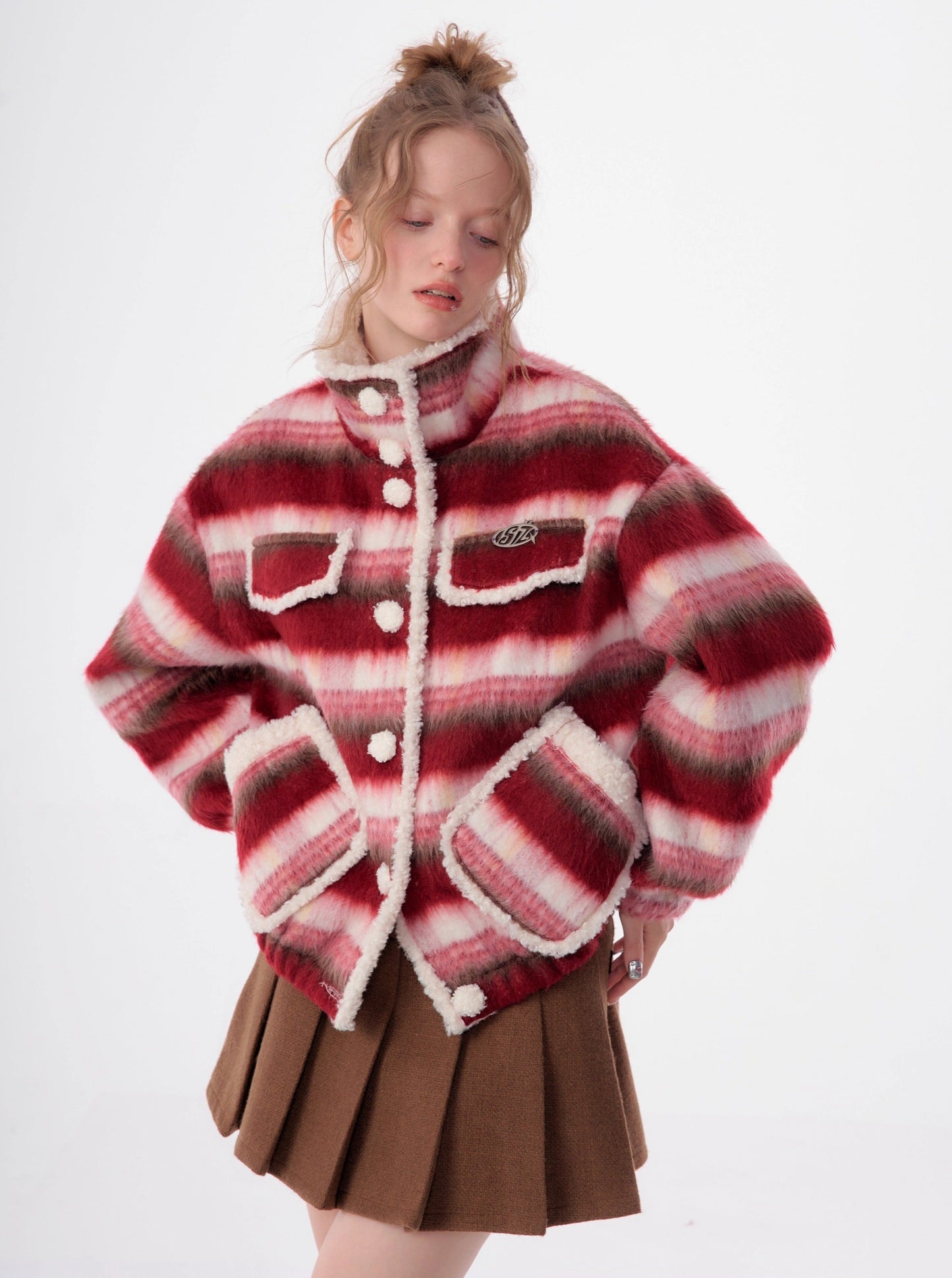 American lamb wool collar striped woolen coat