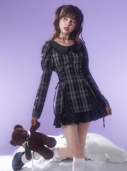 Pinched waist plaid lace-up dress