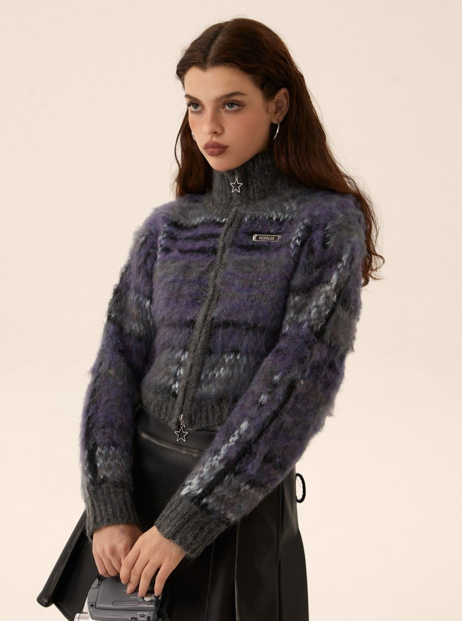 Cropped mohair knit cardigan zipper sweater coat