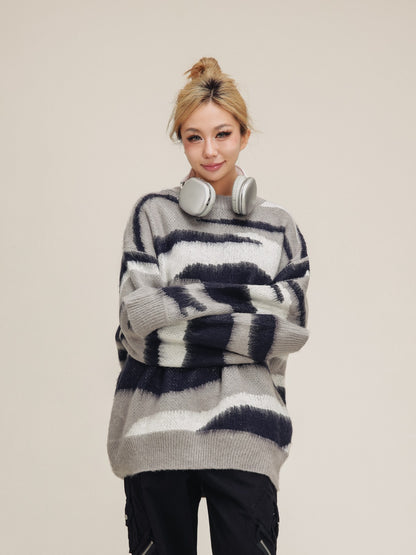 striped contrasting short pile sweater top