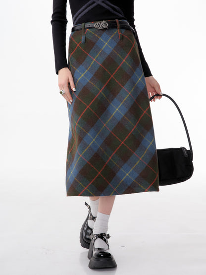 american retro high waist blue plaid skirt