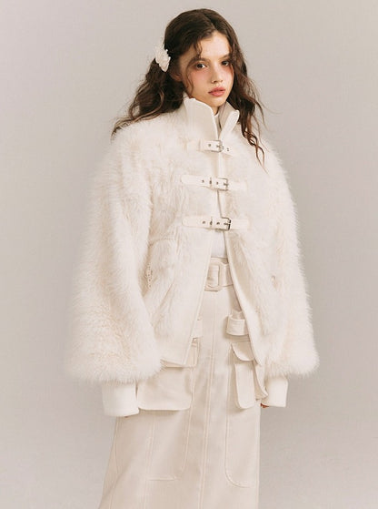 Leather Buckle Wrapping Loose Fur Jacket