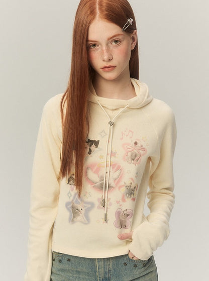 short hooded long-sleeved printed tops