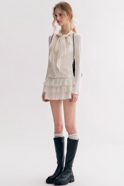 Romantic French Streamer Bow V-Neck Slim T-Shirt