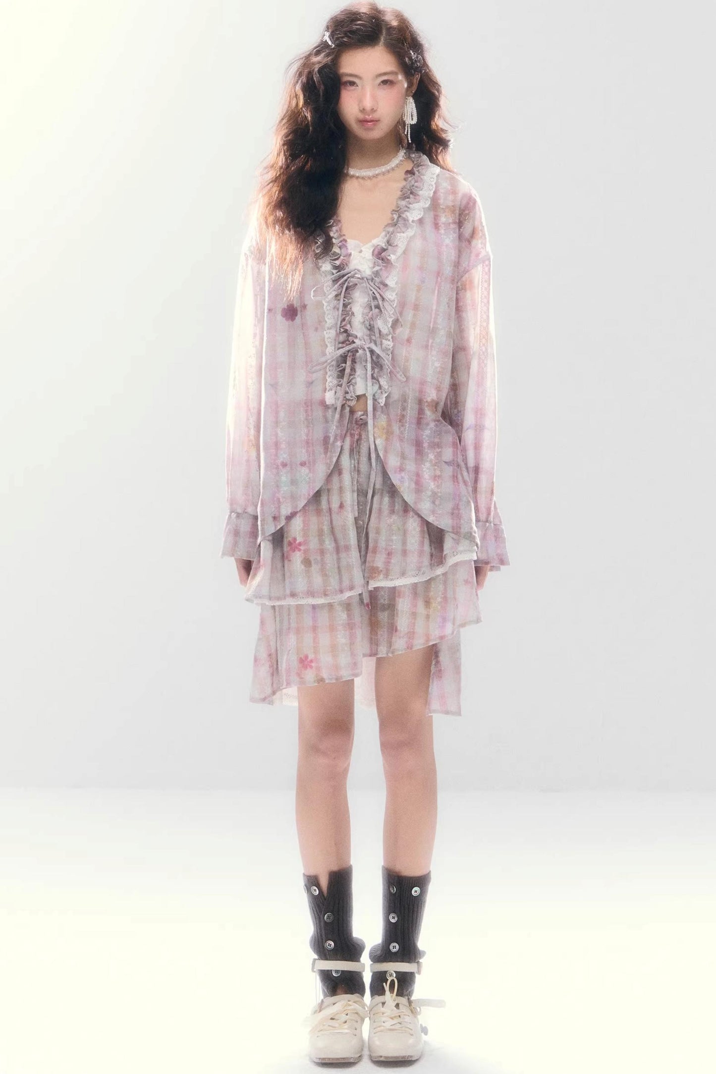 Lace-Tie Cotton Cardigan Matching Set