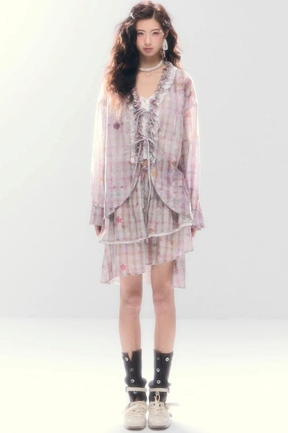 Lace-Tie Cotton Cardigan Matching Set