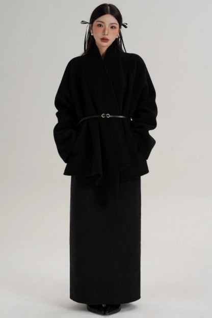 Elegant Lace-Up Woolen Coat