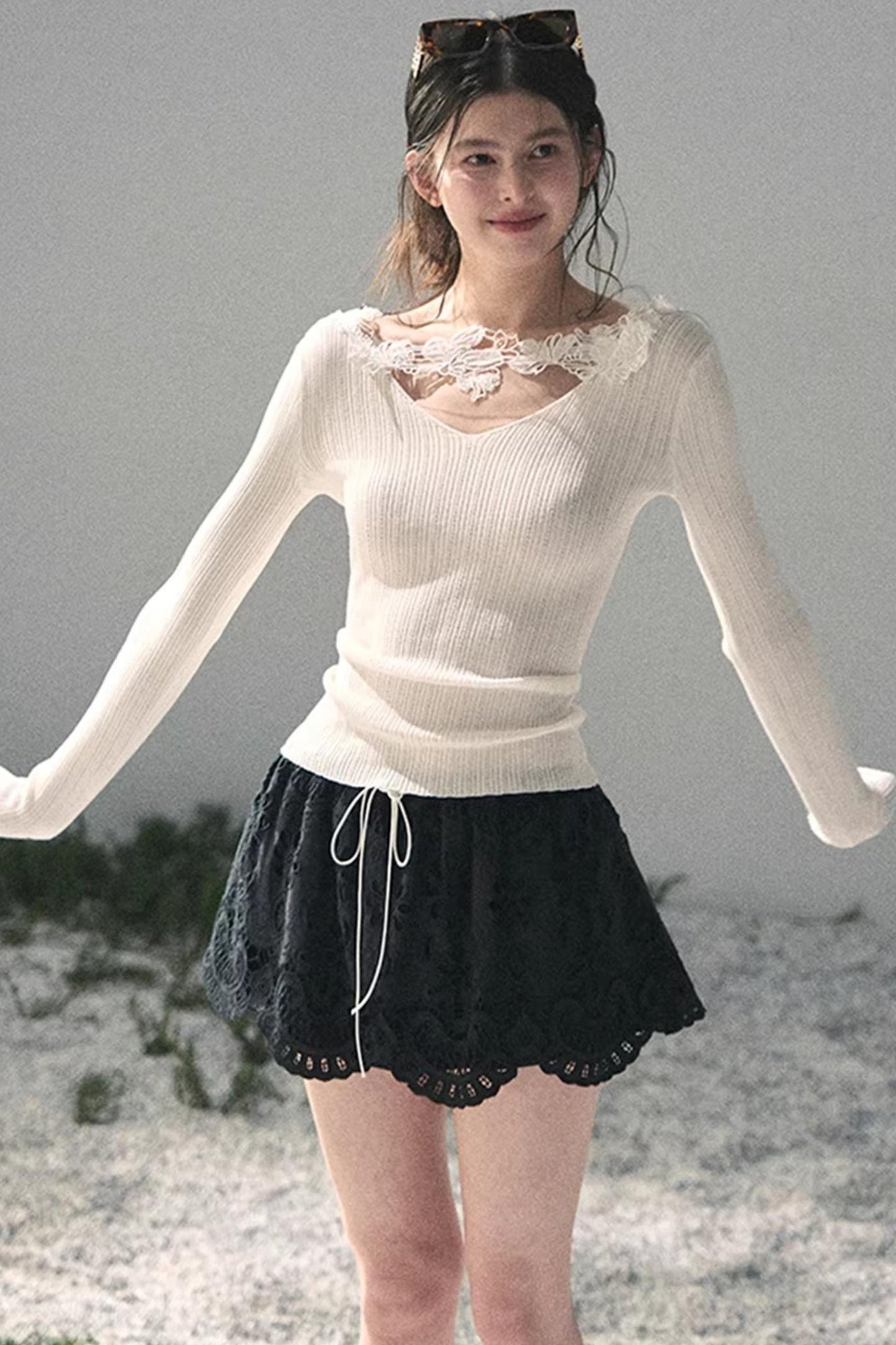 Lace-Trimmed Knitted Top