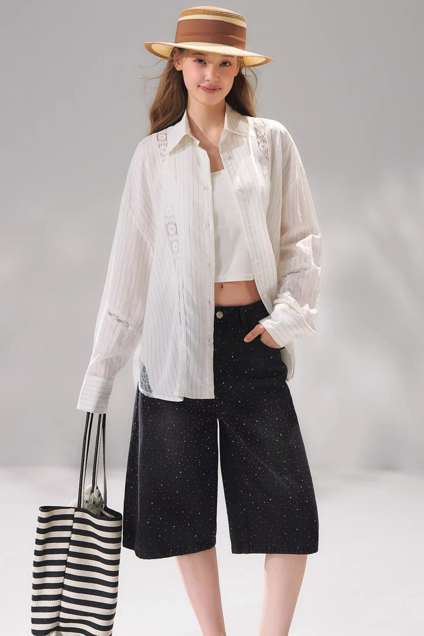 Striped Lace Embroidered Cardigan Set-Up
