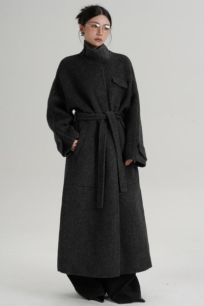 Temperament Design Color-Blocking Woolen Coat