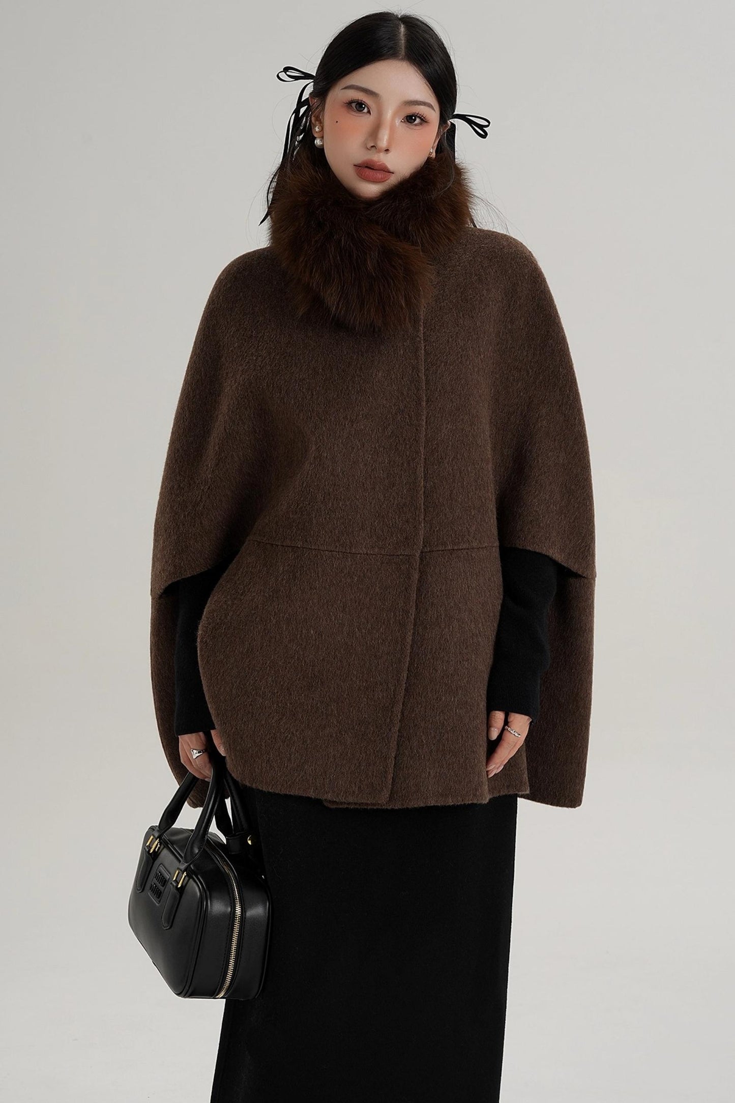 Elegant Fox Fur Wool Cape Coat