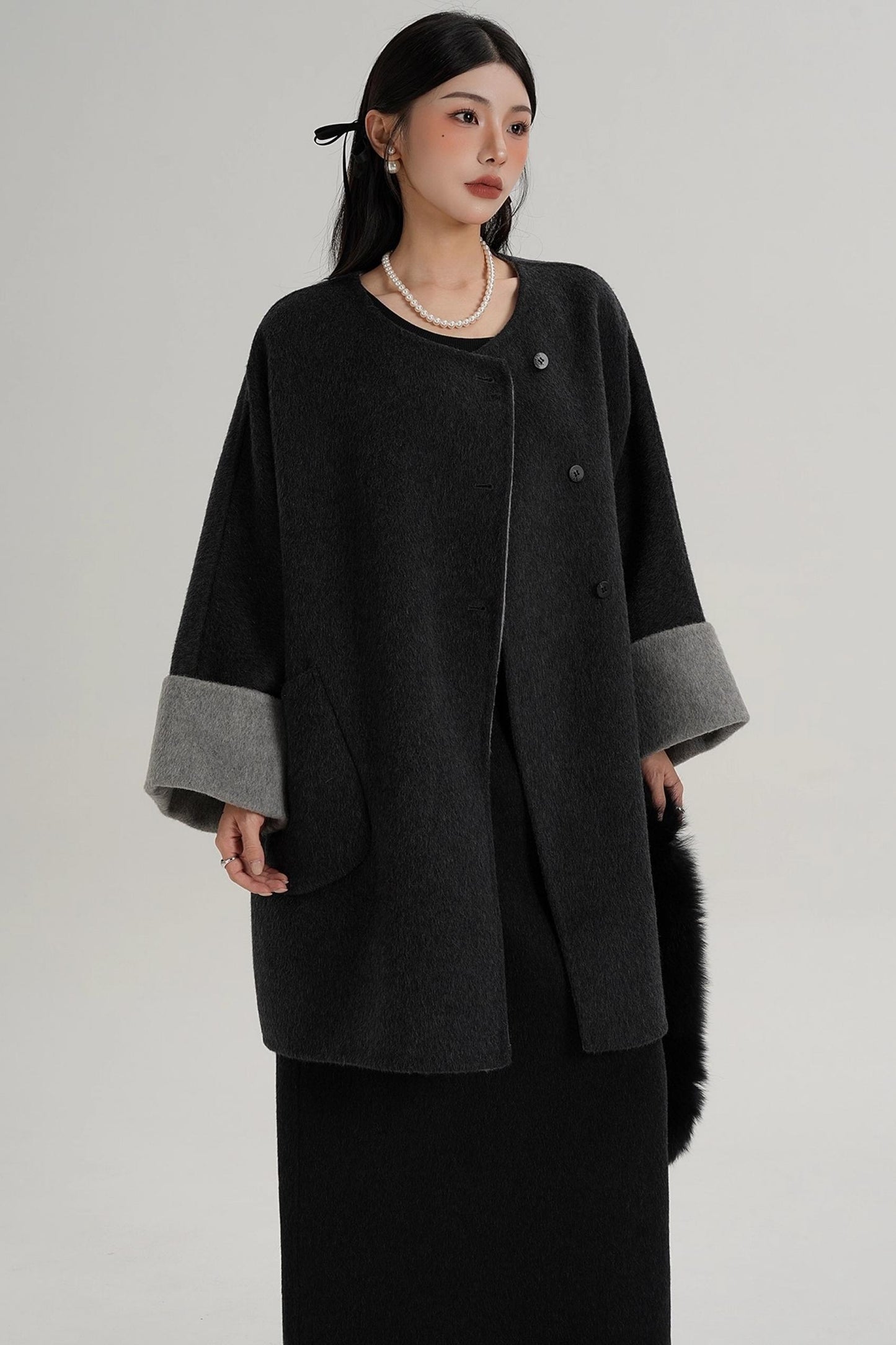 Elegant Fox Fur Collar Wool Cape Coat