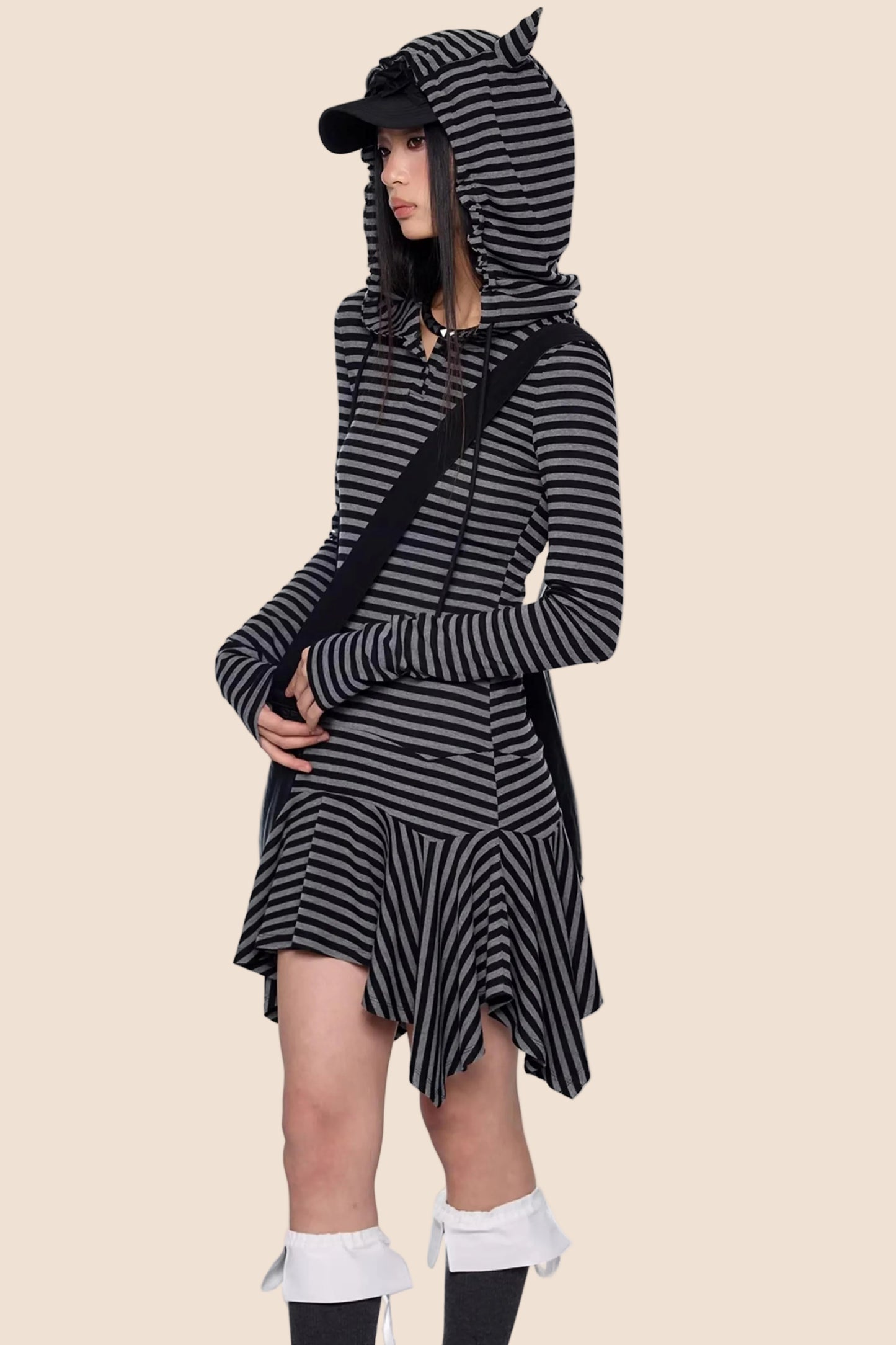 Retro Y2K Gestreiftes Kapuzenkleid