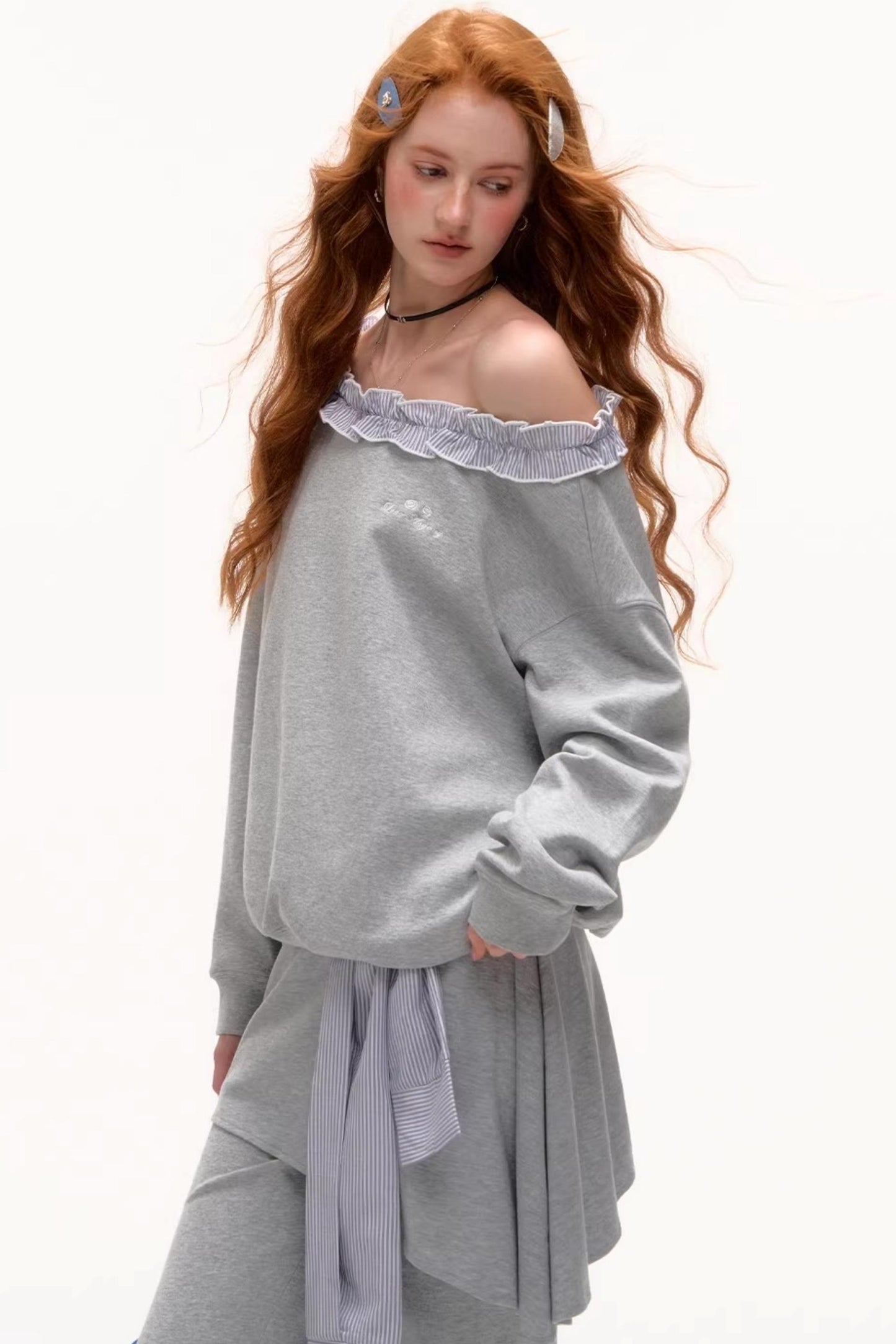 Asymmetrical Striped Ruffle Sweatshirt
