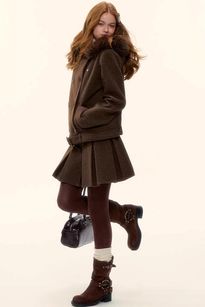 Retro Coffee Woolen Coat Set-Up