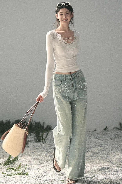 Pantalon en jean bleu clair perlé