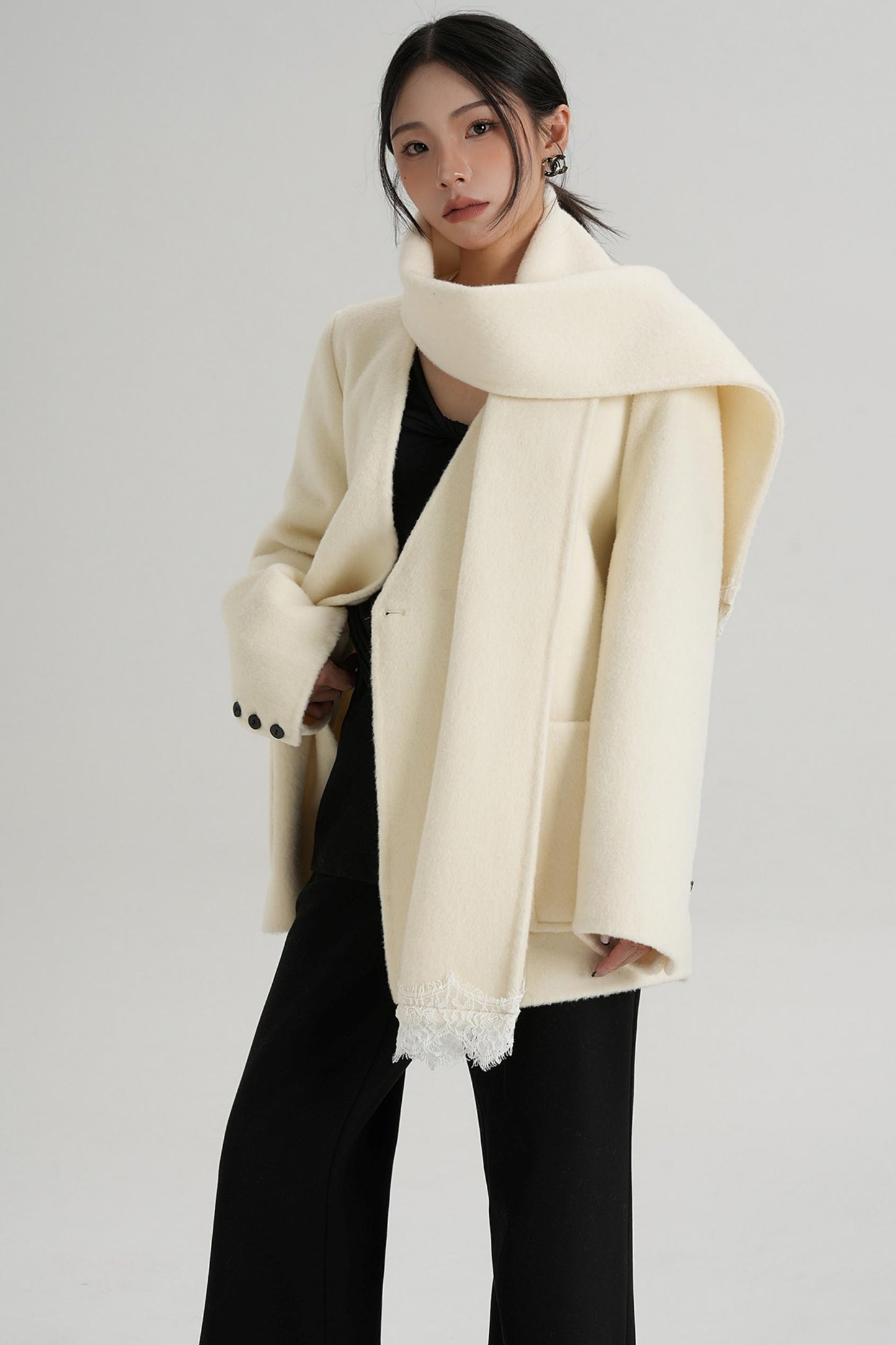 Scarf Patchwork Lace Woolen Coat