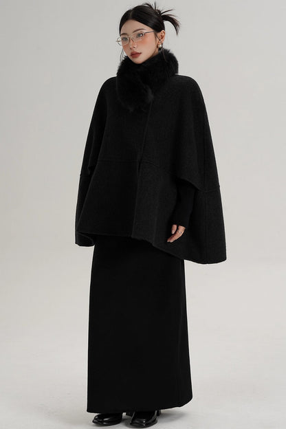 Elegant Fox Fur Wool Cape Coat