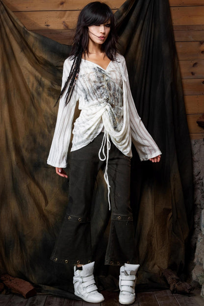 Vintage Lace-Up Knitted V-Neck T-Shirt