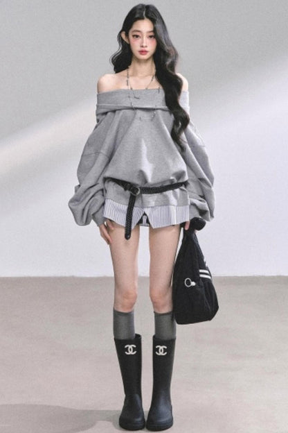 One Shoulder Grayscale Sweatshirt Dress